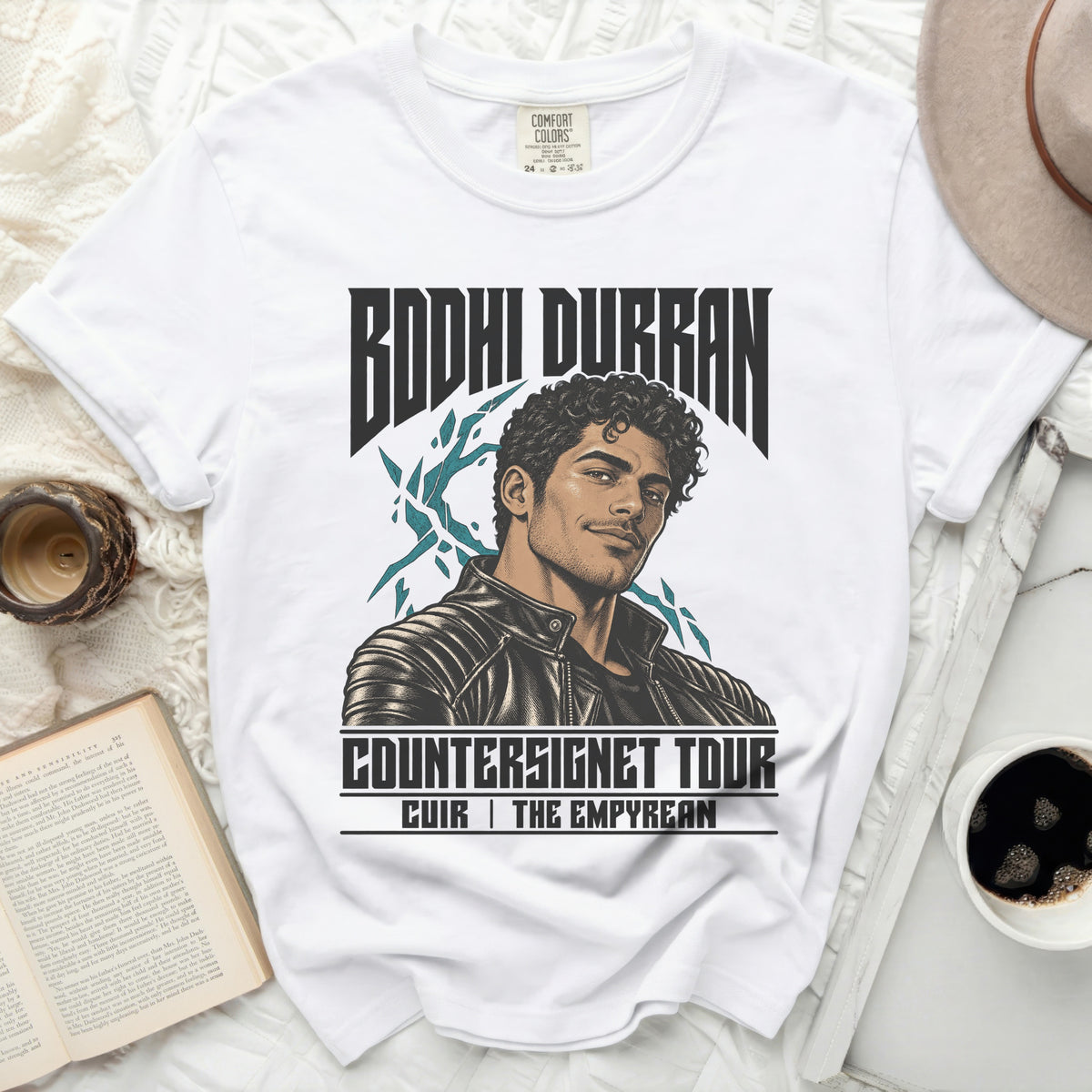 White t-shirt with Bodhi Durran Countersignet Tour graphic.