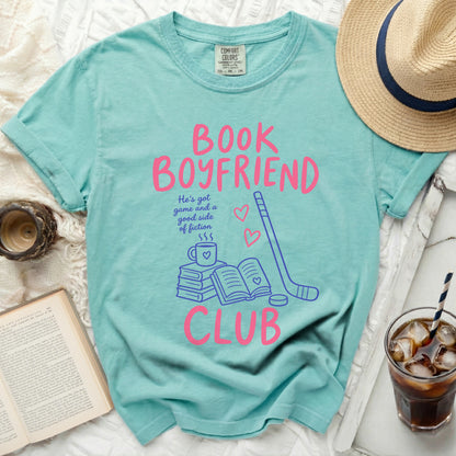 Teal t-shirt with "Book Boyfriend Club" text and hockey imagery.