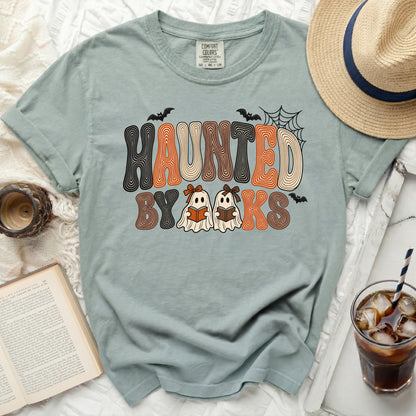 Comfort Colors "Haunted by Books" graphic tee with two ghost reading books.