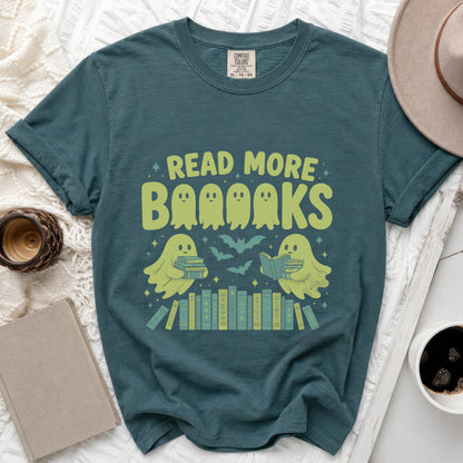 Teal t-shirt with "Read More Booooks" text featuring ghosts and books.
