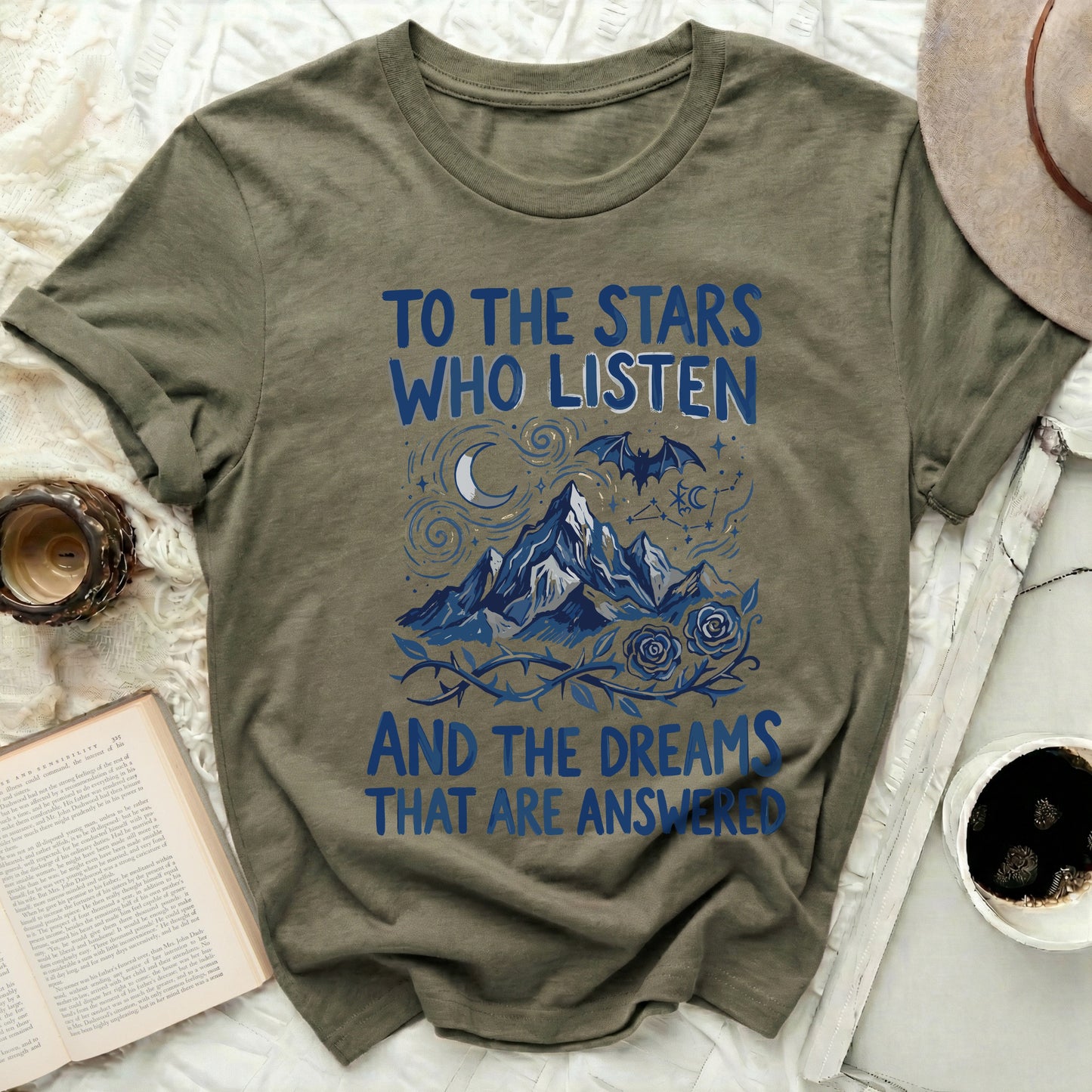 TO THE STARS WHO LISTEN AND THE DREAMS THAT ARE ANSWERED product
Stars Listen Quote Dreams Answered Mountain Art Moon Bat Design Rose Thorns Celestial Graphic Fantasy Theme Mystical Aesthetic Bookish Inspired Literary Slogan Unique Shirt Graphic Tee Night Sky Print Magical Clothing Whimsical Art Bat Lover Gift Nature Inspired Inspirational Quote Dark Academia Fantasy Reader