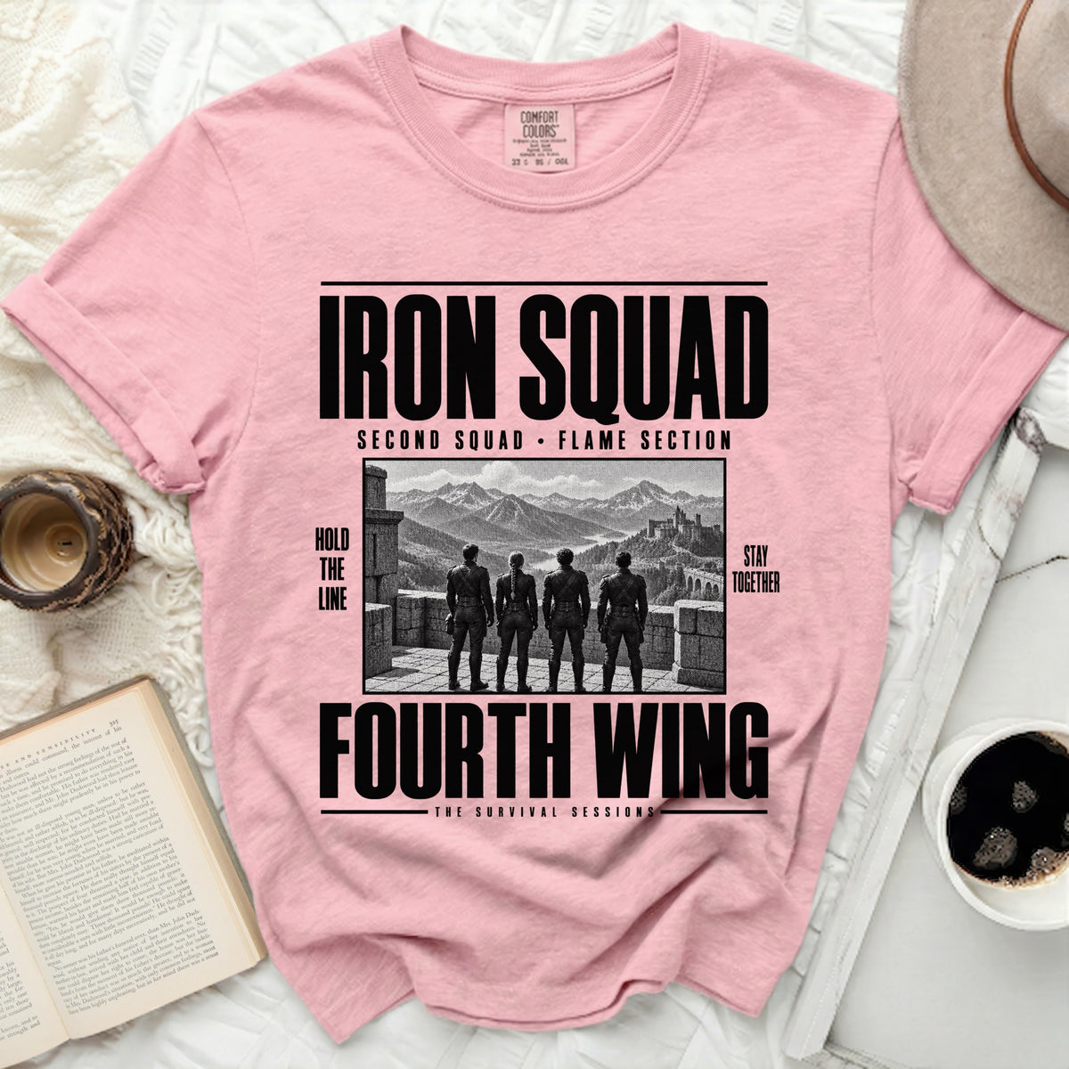Pink t-shirt with "Iron Squad" design featuring four figures on a battlement and mountains.