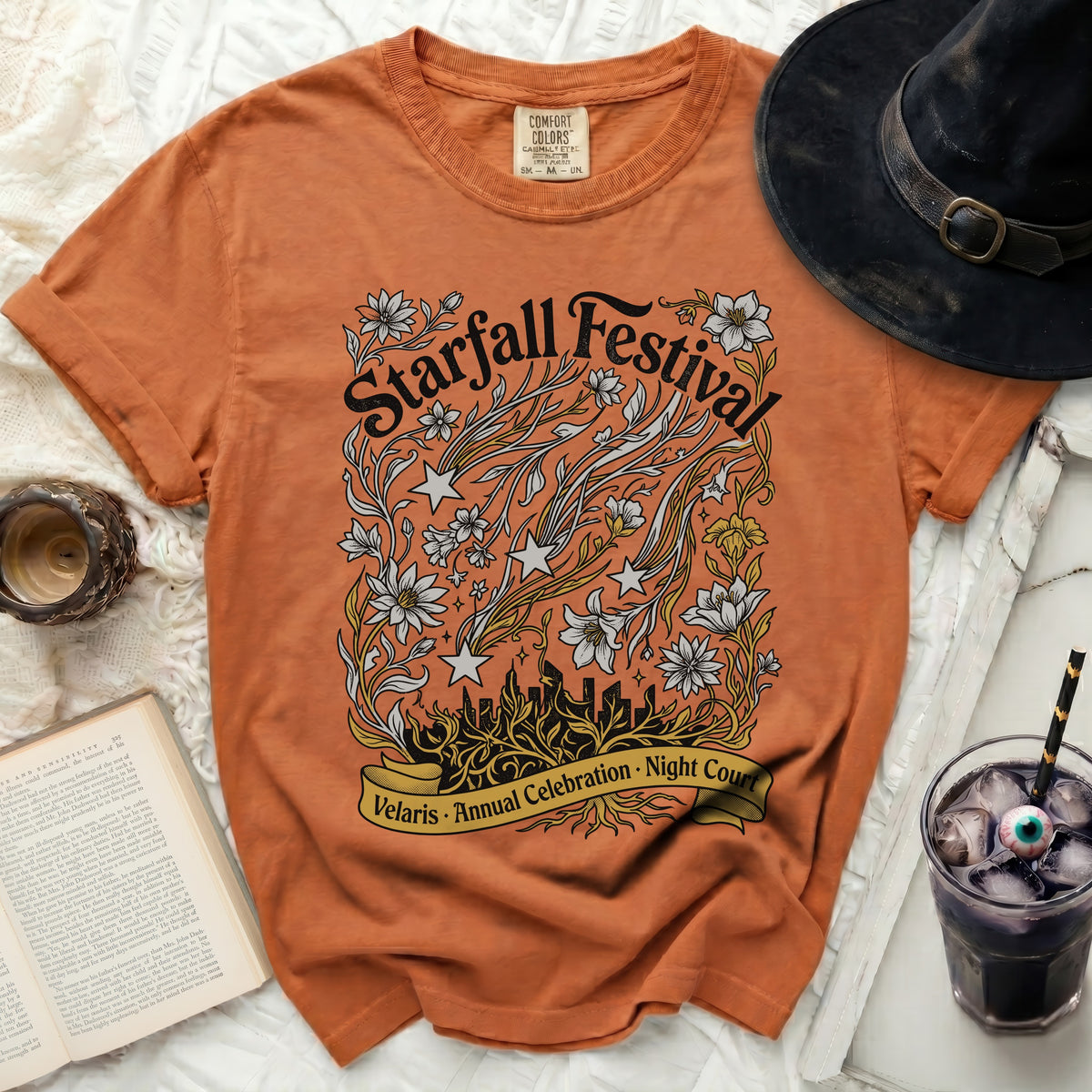 Orange t-shirt with "Starfall Festival" and "Velaris Annual Celebration Night Court" text.