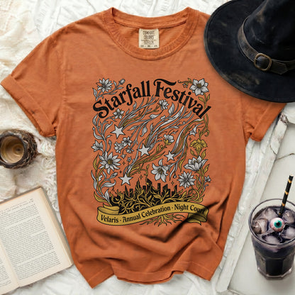 Orange t-shirt with "Starfall Festival" and "Velaris Annual Celebration Night Court" text.