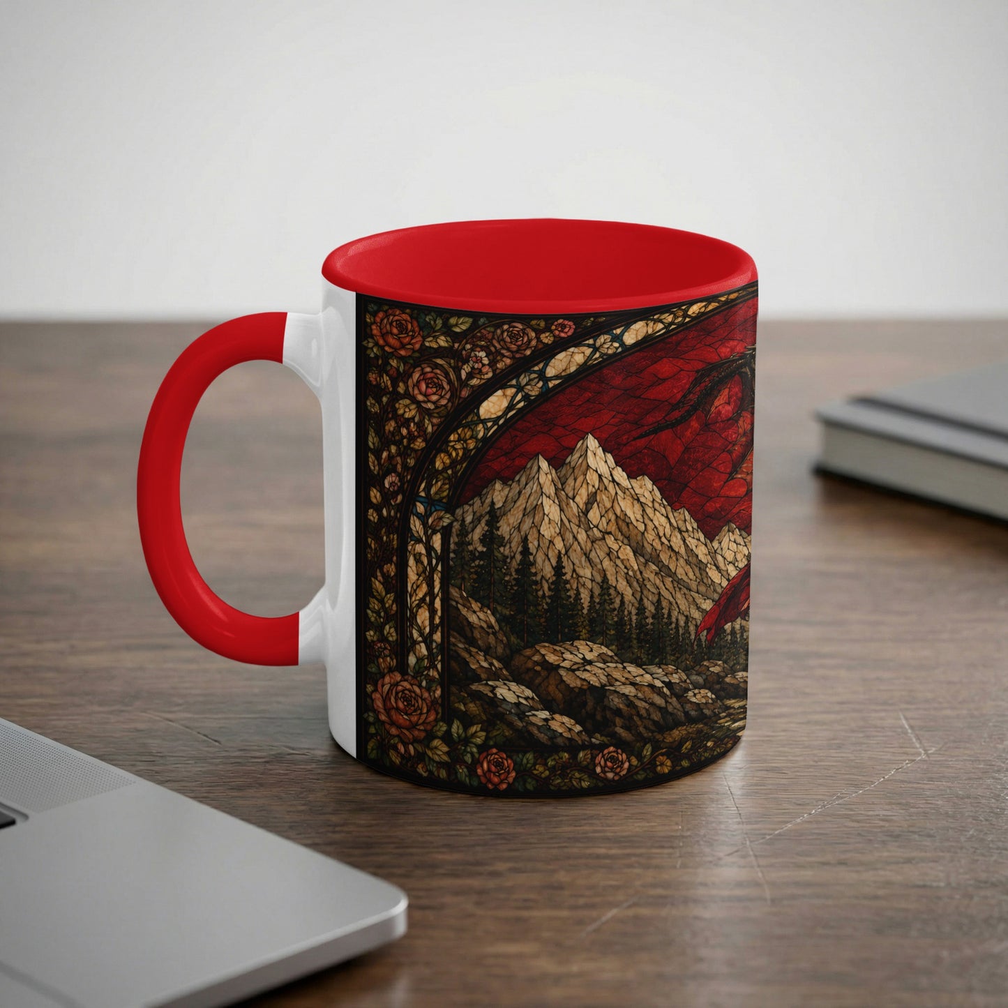 White mug with red handle featuring stained glass art of dragon, mountains, and roses.