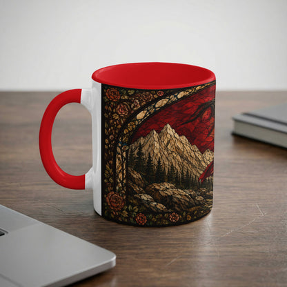White mug with red handle featuring stained glass art of dragon, mountains, and roses.