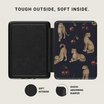 Black case open to reveal cheetah and cherry pattern, with text "TOUGH OUTSIDE, SOFT INSIDE."