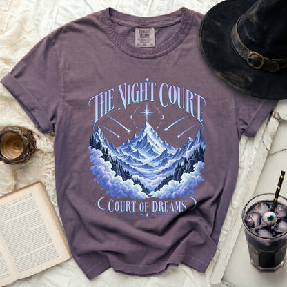 Purple t-shirt with "The Night Court" and "Court of Dreams" text over mountains.