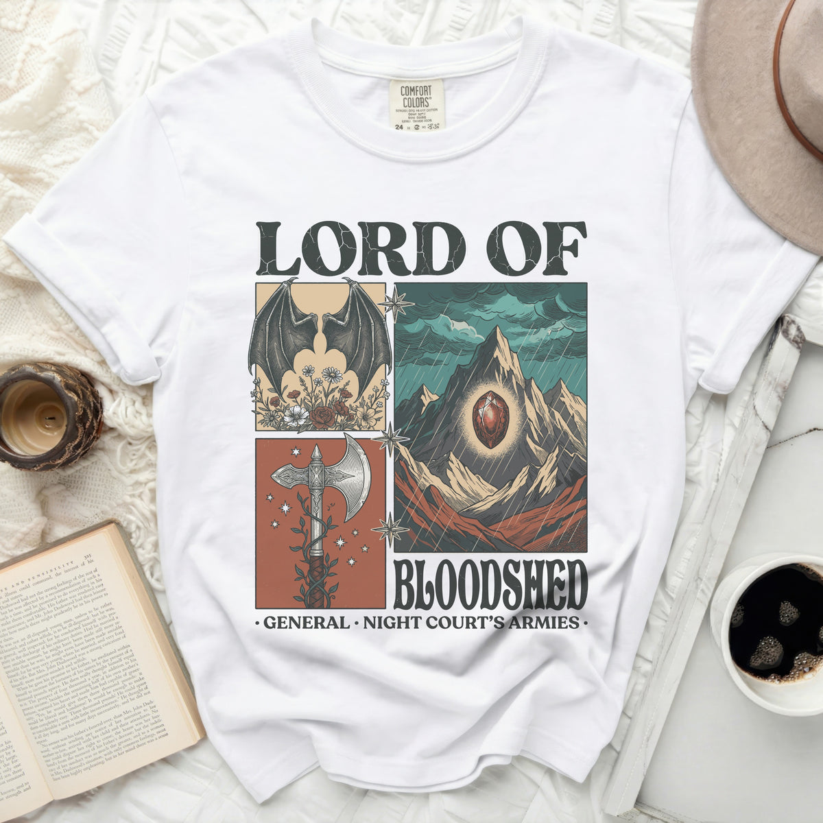 White t-shirt with "Lord of Bloodshed General Night Court's Armies" graphic.