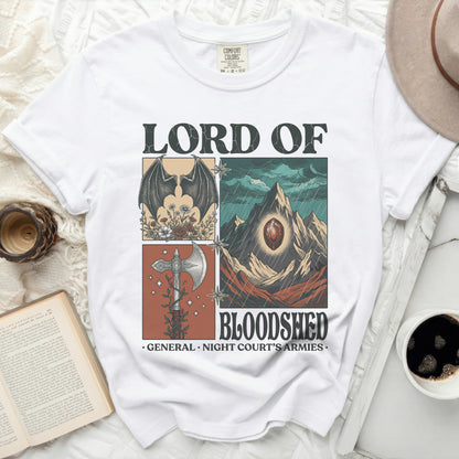 White t-shirt with "Lord of Bloodshed General Night Court's Armies" graphic.