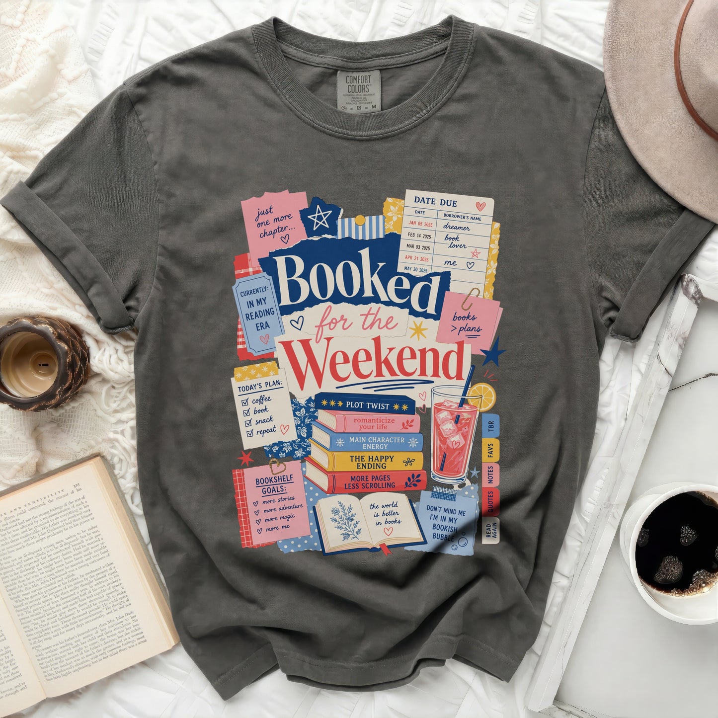 Graphic t-shirt with "Booked for the Weekend" and book-themed illustrations.