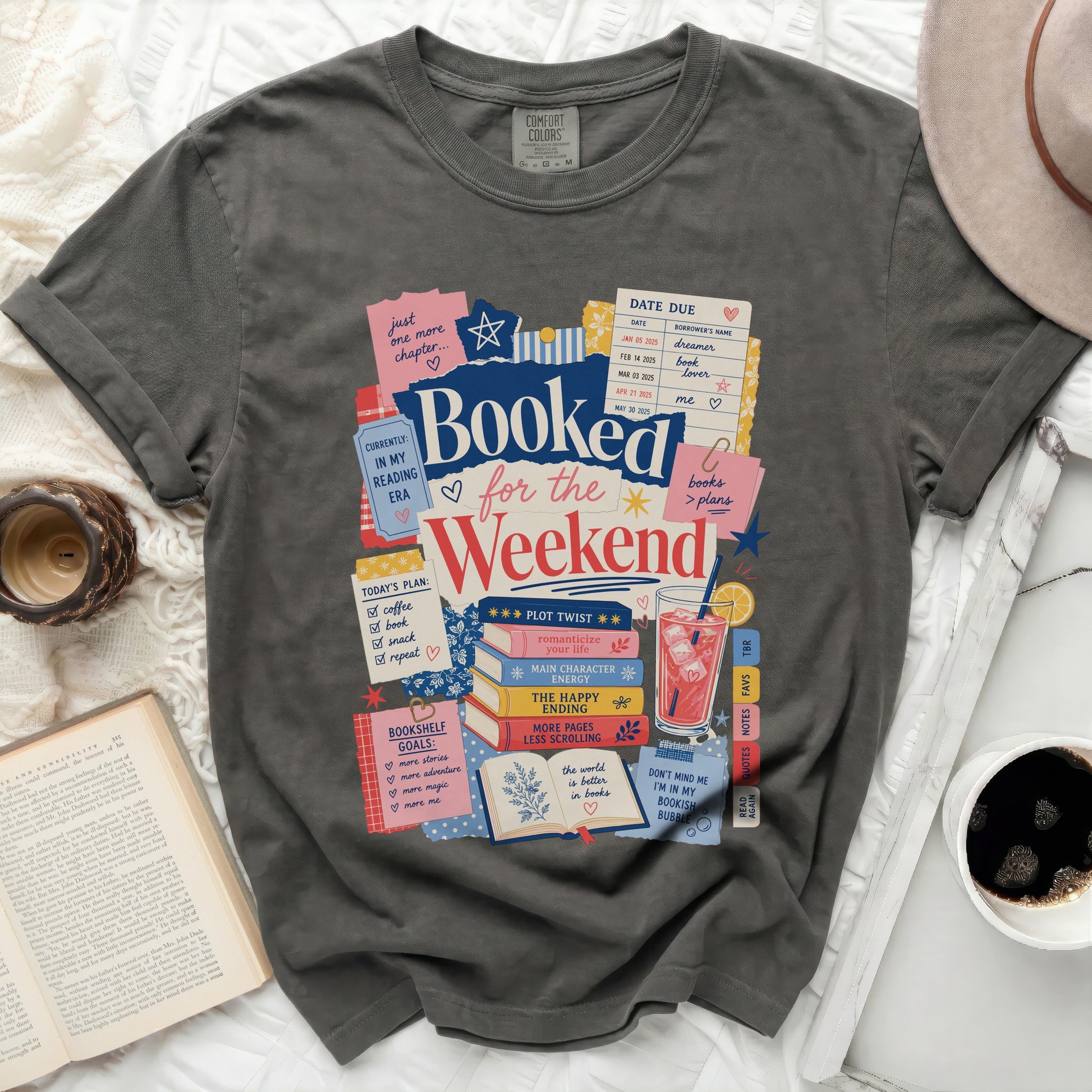 Graphic t-shirt with "Booked for the Weekend" and book-themed illustrations.
