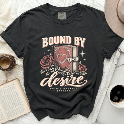Black t-shirt with "Bound by Desire Gothic Romance Society" graphic.