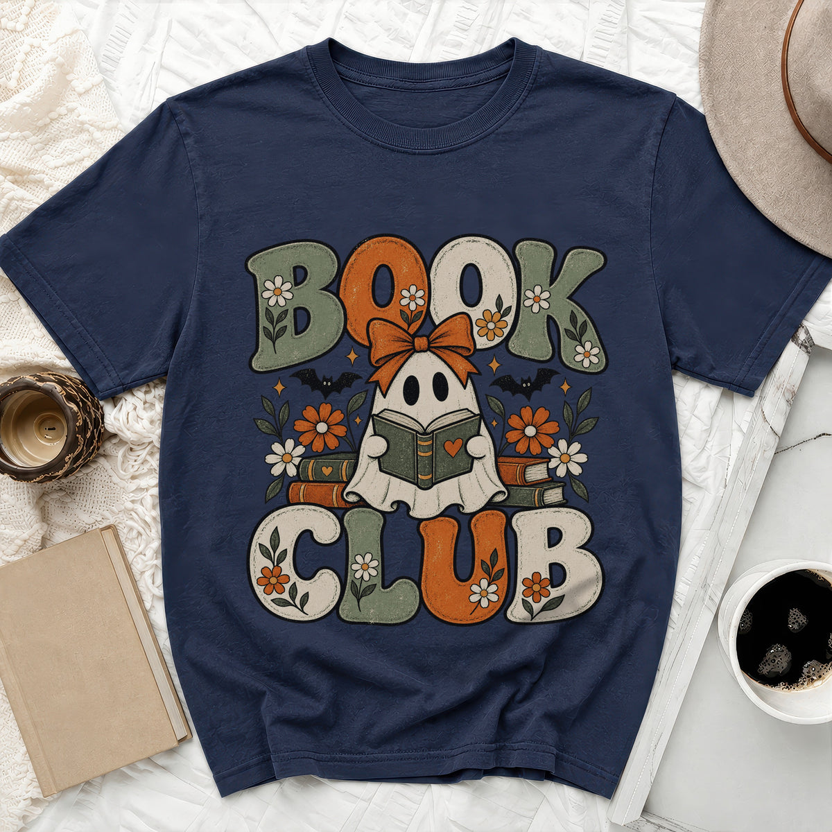 Navy t-shirt with "Book Club" text featuring a cute ghost reading a book.