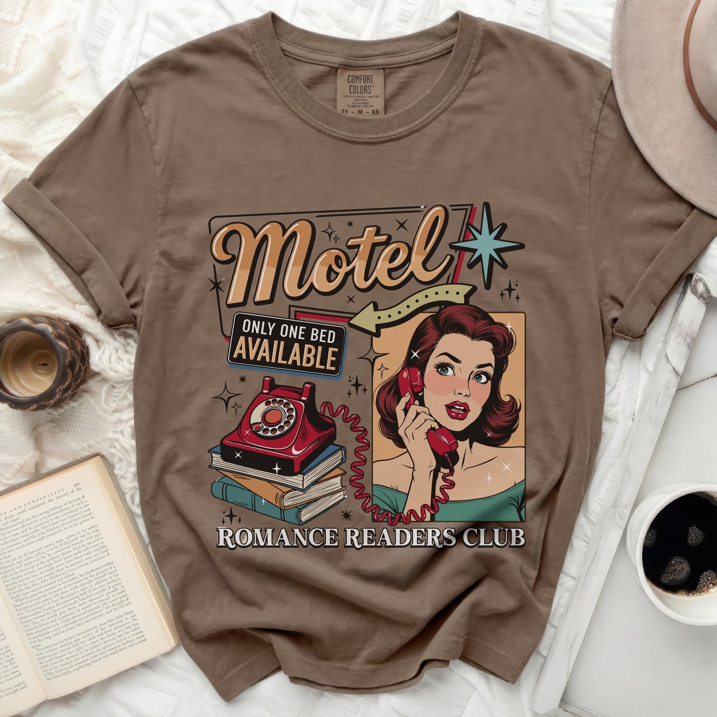 Brown t-shirt with "Motel", woman on phone, and "Romance Readers Club" text.
