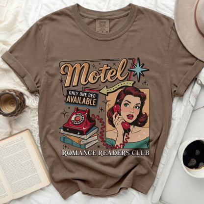 Brown t-shirt with "Motel", woman on phone, and "Romance Readers Club" text.