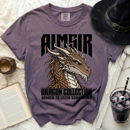 Purple t-shirt with a dragon graphic and text "AIMSR DRAGON COLLECTION BONDED TO LILITH SORRENGAIL".