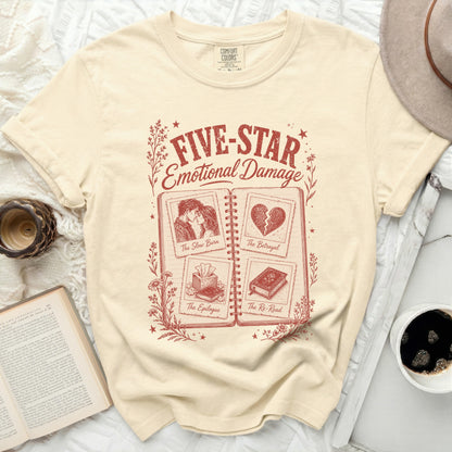 Cream t-shirt with "Five-Star Emotional Damage" and book chapter titles.