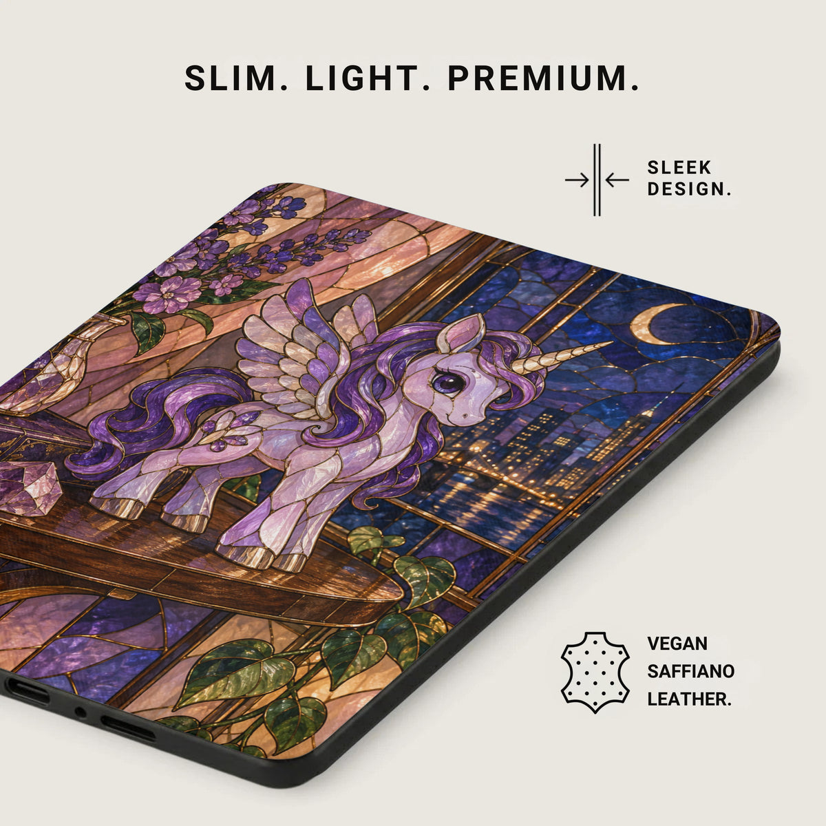 Case with stained glass unicorn, moon, and city.