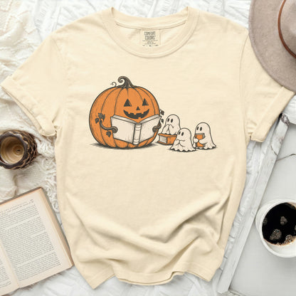 Cream t-shirt with jack-o-lantern reading to ghosts graphic and Comfort Colors label.