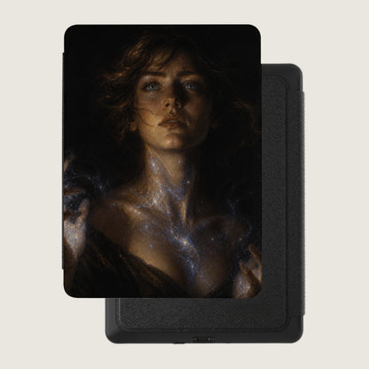 Artwork of a woman with glowing celestial patterns on her neck rests on a black case.