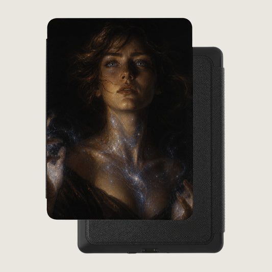 Artwork of a woman with glowing celestial patterns on her neck rests on a black case.