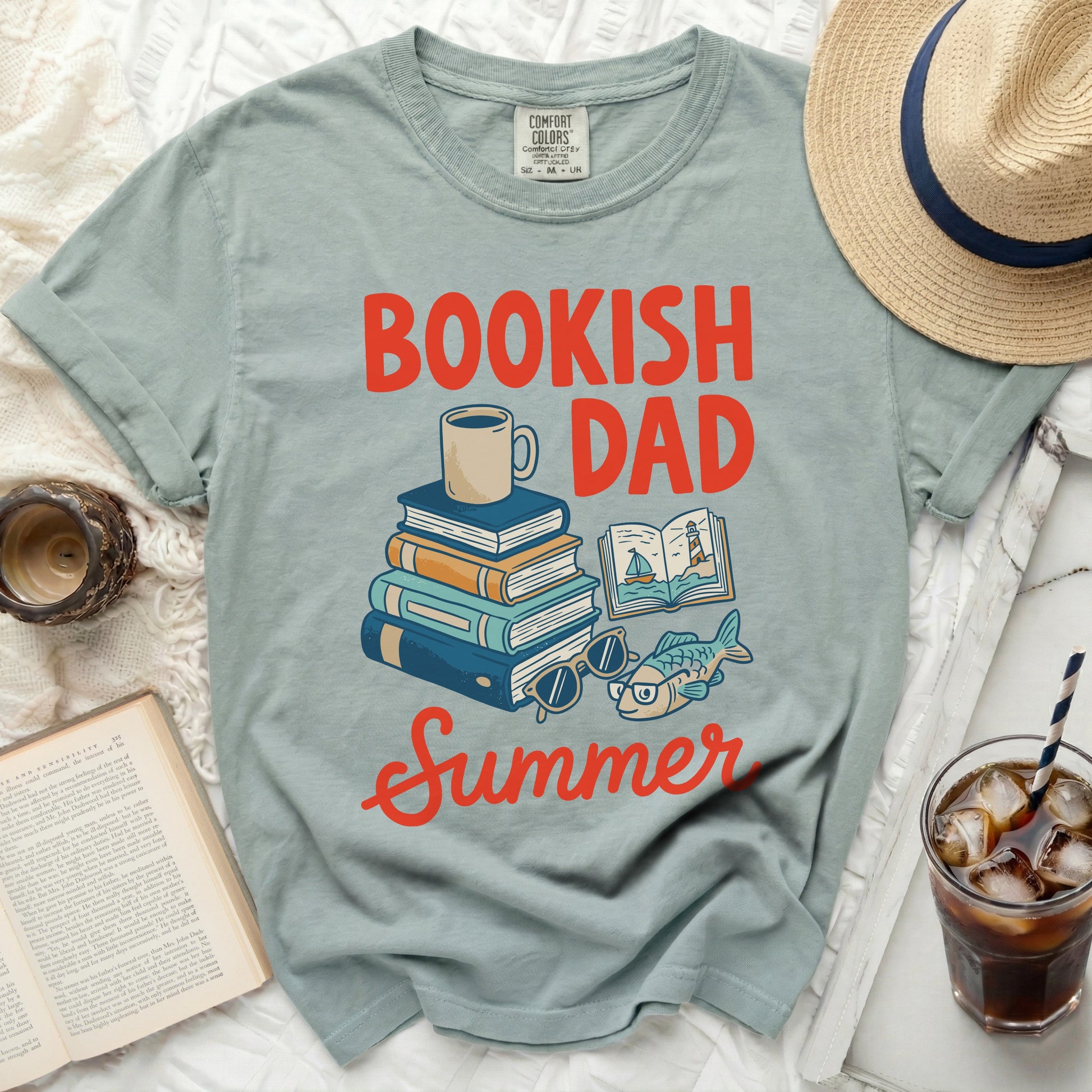 T-shirt with "Bookish Dad Summer" text and book graphics.