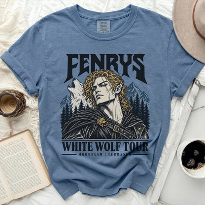 Blue t-shirt with "Fenrys White Wolf Tour" graphic featuring a man and wolf.