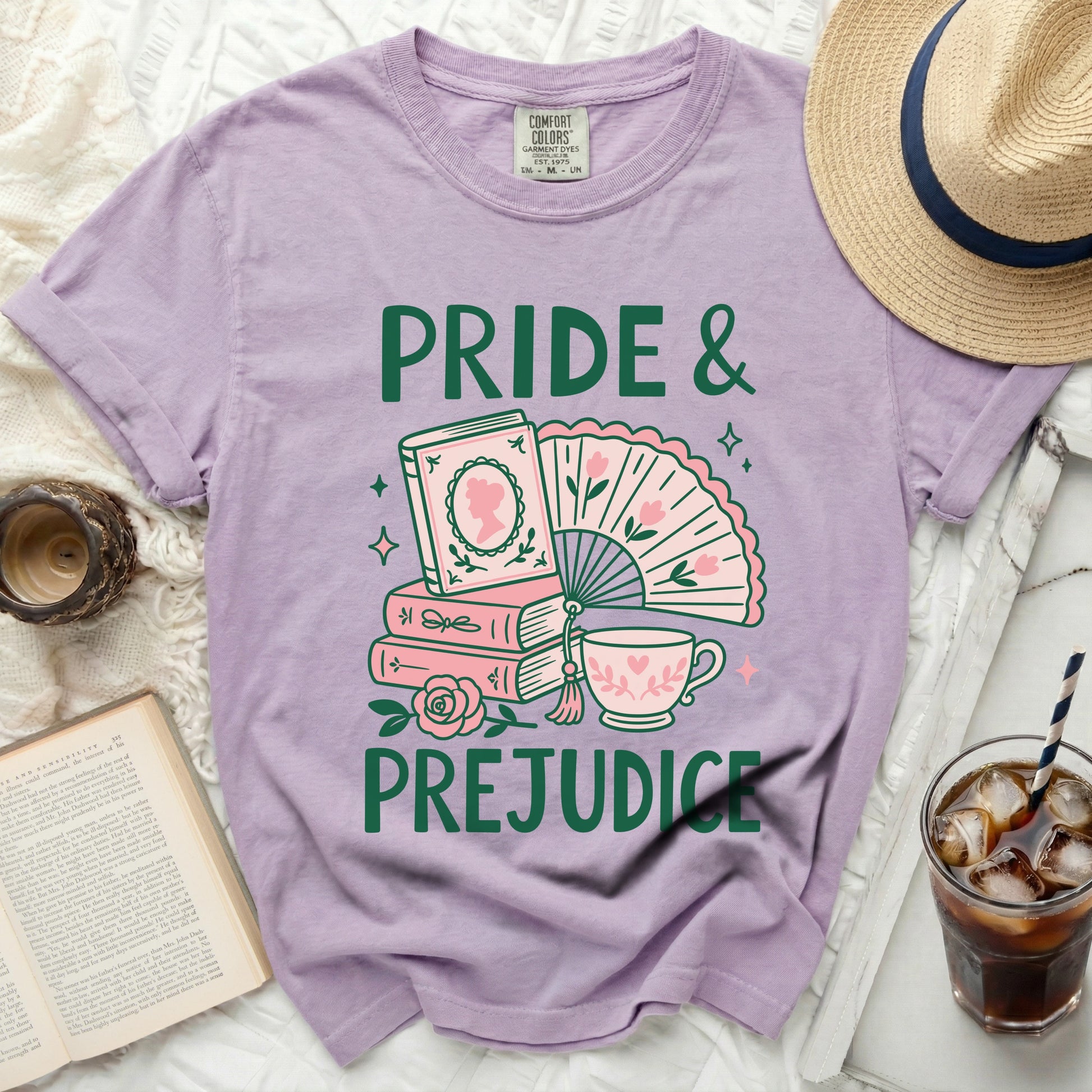 Lavender t-shirt with "Pride & Prejudice" and book graphic.