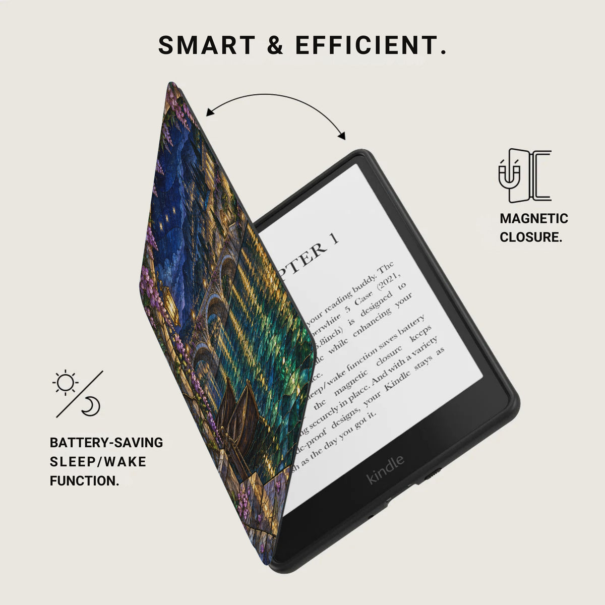 Kindle e-reader with a colorful book cover, battery-saving, and magnetic closure.
