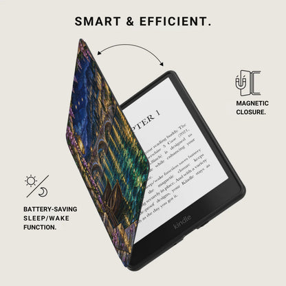 Kindle e-reader with a colorful book cover, battery-saving, and magnetic closure.