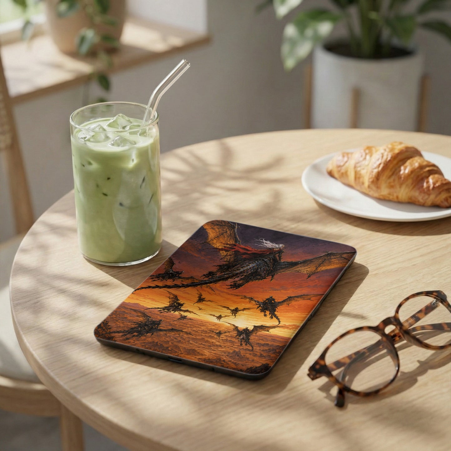 Tablet cover with a dragon rider and flying dragons against an orange sky.