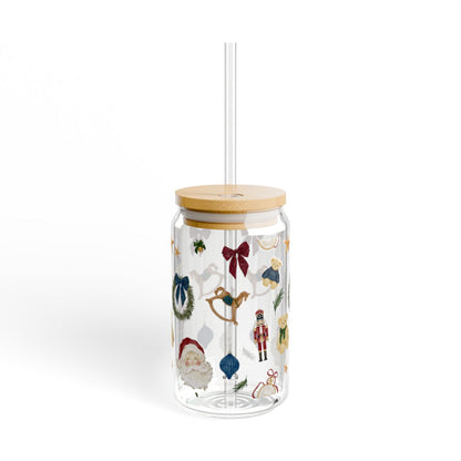 Festive Holiday Themed Glass Tumbler with Bamboo Lid