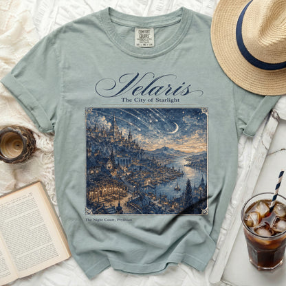 Light blue t-shirt with "Velaris The City of Starlight" and a nighttime city scene.