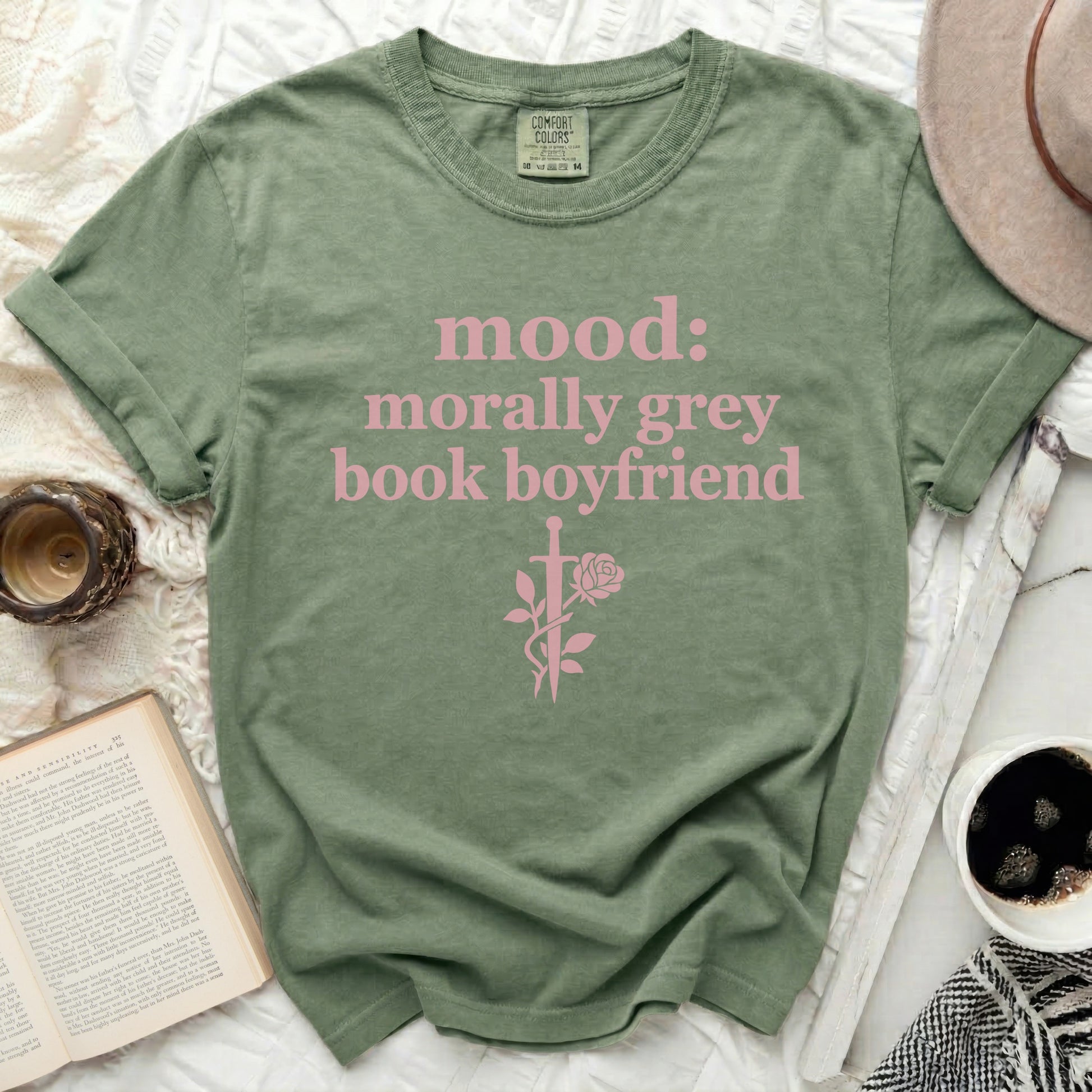 Olive green t-shirt with "mood: morally grey book boyfriend" and sword rose graphic.