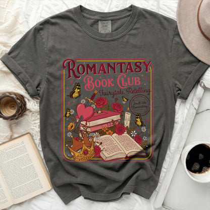 Romantasy Book Club graphic on a grey t-shirt with books, crown, sword, and butterflies.