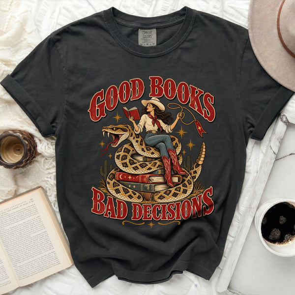 Good Books Bad Decisions Tee in Black