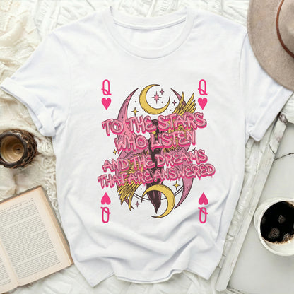To The Stars Who Listen Dreams Answered Queen Hearts product type
Stars Who Listen, Dreams Answered, Queen Hearts, Playing Card Design, Celestial Moon, Winged Graphic, Fantasy Art, Inspirational Quote, Aesthetic Fashion, Graphic Print, Pink Gold Motif, Mystical Theme, Literary Quote, Spiritual Style, Cosmos Stars, Night Sky Artwork, Empowering Message, Trendy Apparel, Unique Design, Heart Symbolism