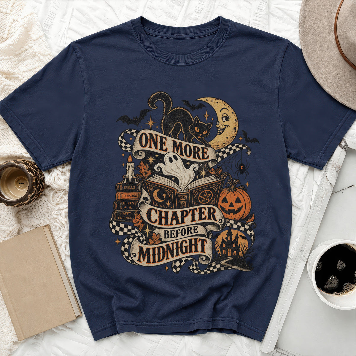 Navy t-shirt with Halloween graphic: "One More Chapter Before Midnight"