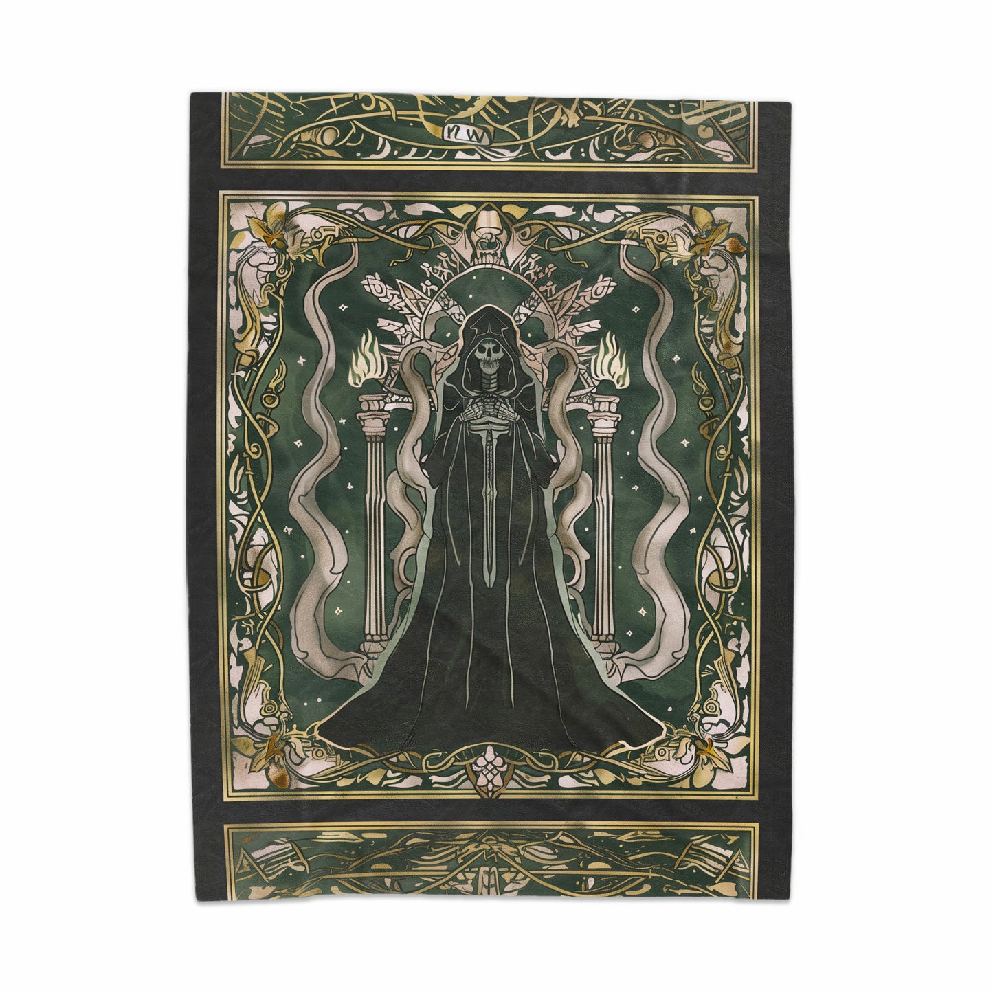 Mystical Green Tapestry with Intricate Gothic Art