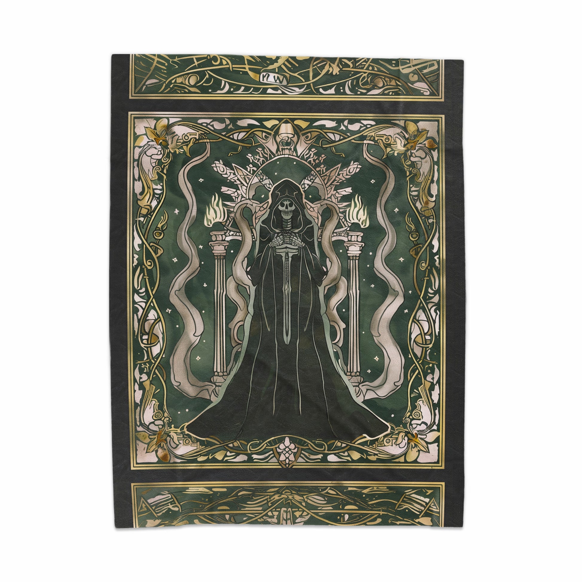 Mystical Green Tapestry with Intricate Gothic Art