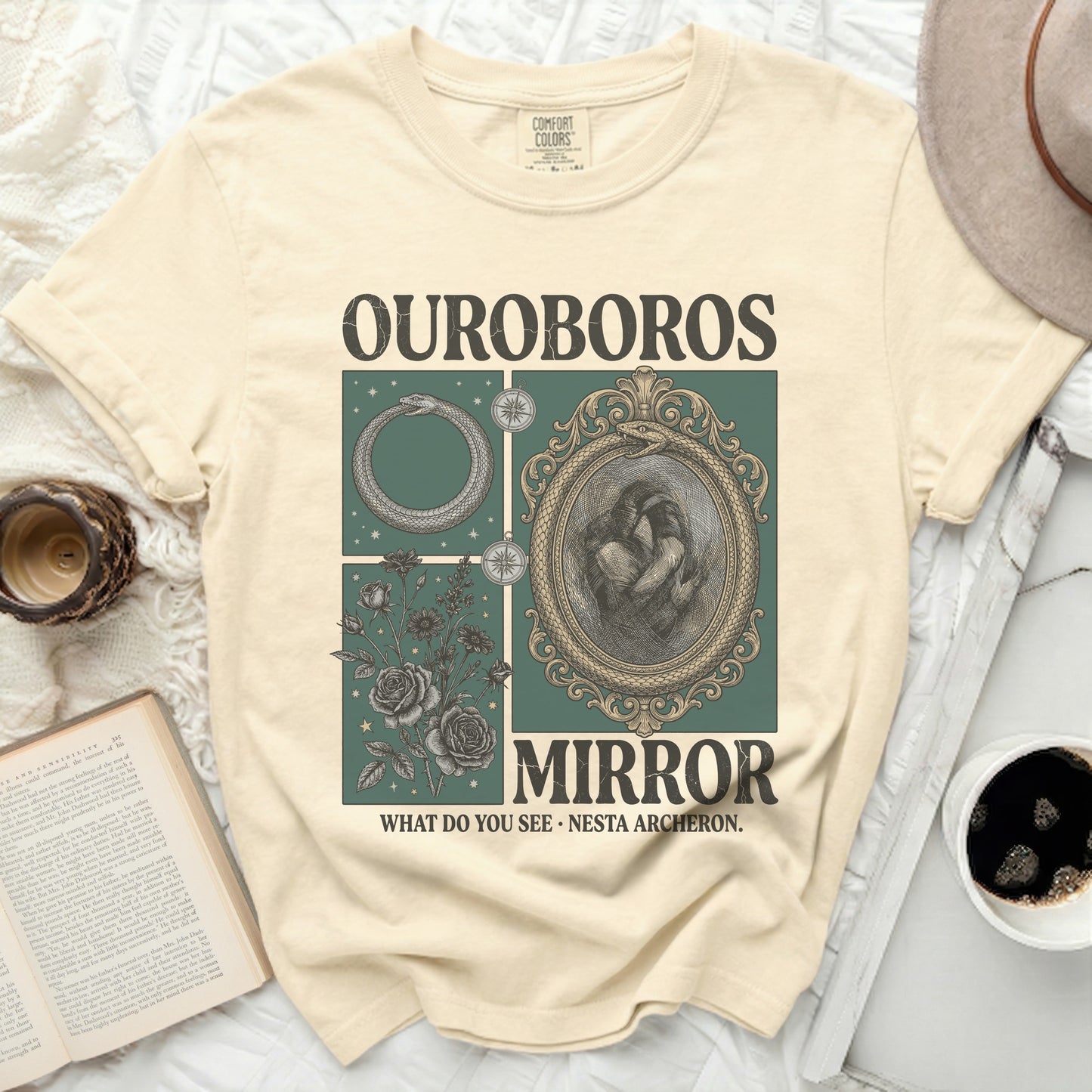 Ouroboros Mirror t-shirt with snake, roses, and text, "What do you see? Nesta Archeron."