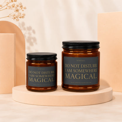 Two amber candles with black lids display "DO NOT DISTURB. I AM SOMEWHERE MAGICAL."