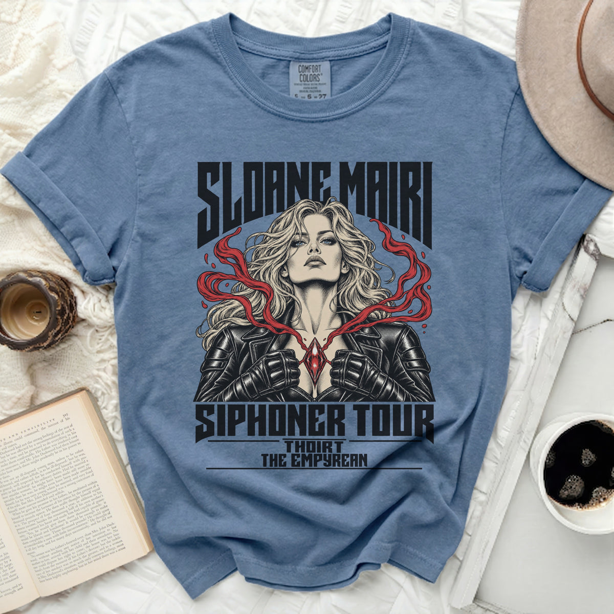 Blue t-shirt featuring Sloane Mairi "Siphorner Tour" graphic.