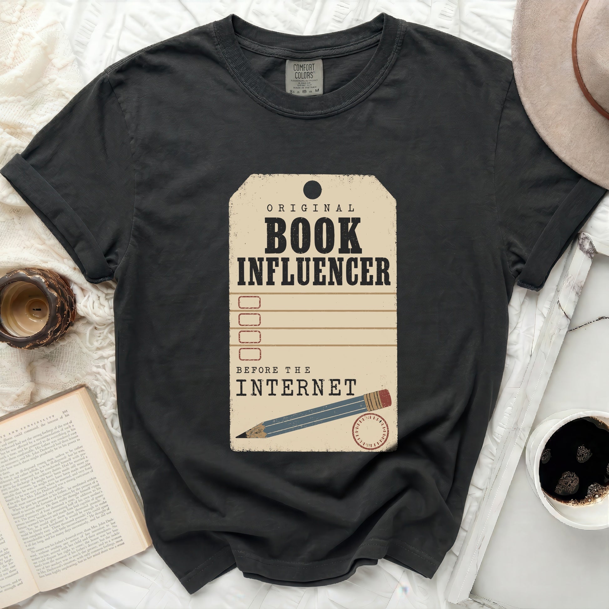 Dark grey t-shirt with "Original Book Influencer Before the Internet" design.