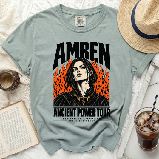 Green shirt with "AMREN ANCIENT POWER TOUR" text and flaming portrait.