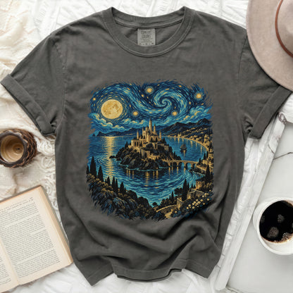 Grey t-shirt with a starry night castle and coastal village print.