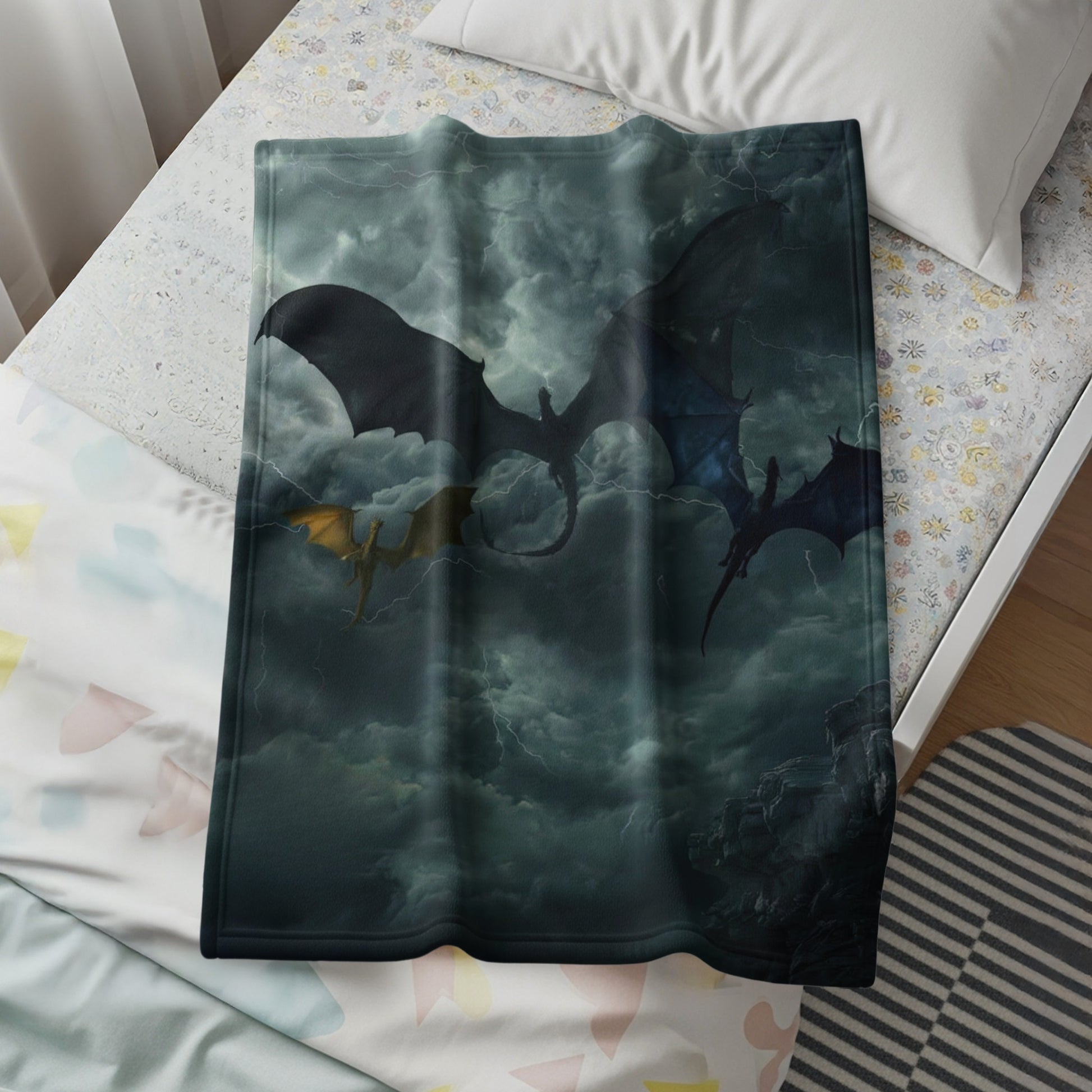 Dragon Silhouettes Over Cloudy Sky Blanket