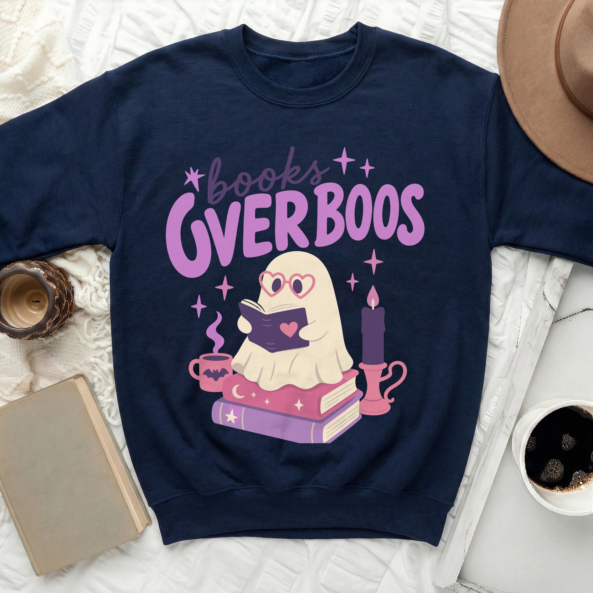 Navy sweatshirt with a ghost reading a book and text "books OVERBOOS".