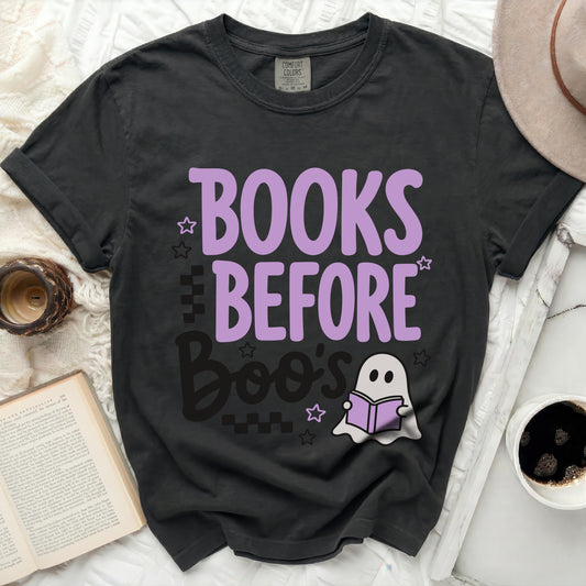 Black t-shirt with "Books Before Boo's" and a reading ghost graphic.